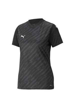 Zwarte sporttrui met een V-hals, korte mouwen en een textuurpatroon met verschillende tinten. Logo op de borst, gemaakt van ademend materiaal.