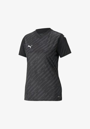 Schwarzes Sporttrikot mit V-Ausschnitt, kurzen Ärmeln und einem strukturierten Muster in verschiedenen Schattierungen. Logo auf der Brust, gefertigt aus atmungsaktivem Material.