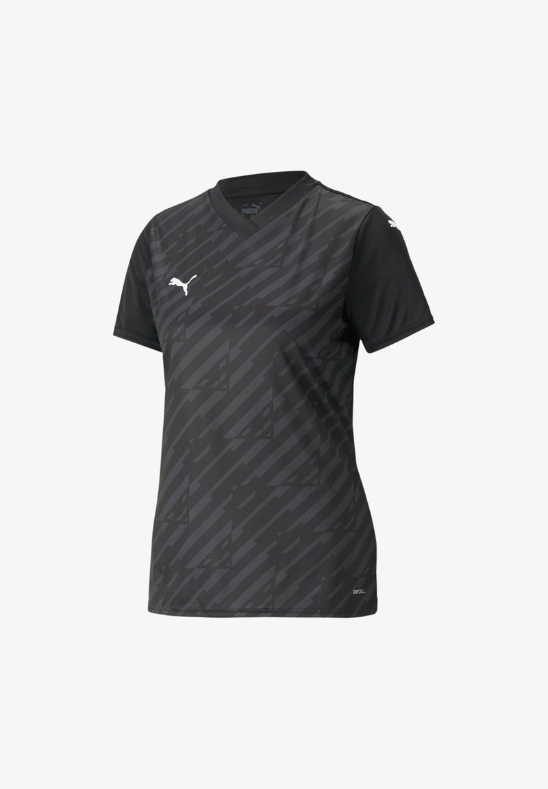 Maillot de sport noir avec un col en V, des manches courtes et un motif texturé avec différentes nuances. Logo sur la poitrine, fabriqué à partir d'un matériau respirant.