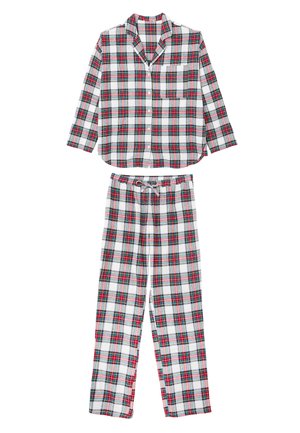 Ensemble de pyjama en coton à carreaux comprenant une chemise boutonnée avec une poche poitrine et un pantalon avec cordon de serrage. Les couleurs incluent rouge, vert et blanc.