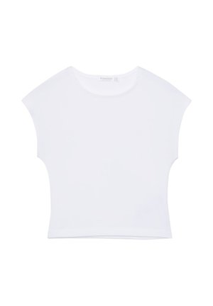 Bílá krátká crop-top tričko s krátkými rukávy a kulatým výstřihem, vyrobené z hladké látky, položeno na rovné bílé pozadí.