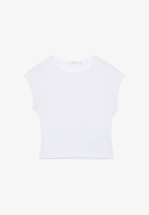 Bílá krátká crop-top tričko s krátkými rukávy a kulatým výstřihem, vyrobené z hladké látky, položeno na rovné bílé pozadí.