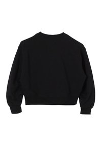 Felpa nera a maniche lunghe con colletto girocollo, con polsini e orlo a costine, mostrata da dietro su uno sfondo bianco.