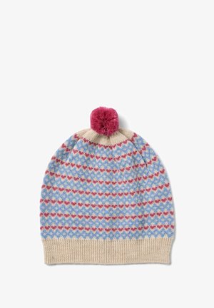 Pletená zimní čepice v krémové, světle modré a červené barvě se vzorem srdcí; ozdobena jasně růžovým bambulí; žebrovaný lem.