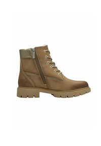 Bottine marron avec tige en cuir texturé, devant à lacets, fermeture éclair sur le côté et semelle en caoutchouc avec traction. Doublure en polaire au niveau du col.