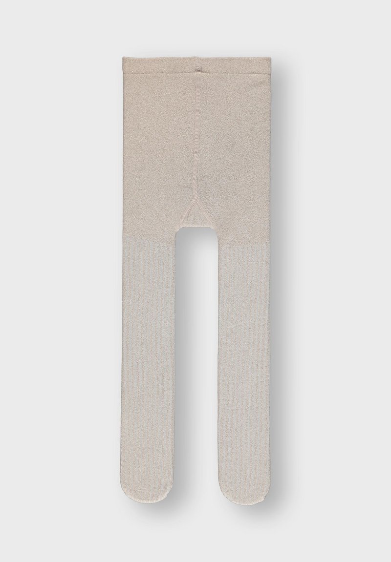 Collants beiges avec une texture côtelée sur le bas des jambes et une finition lisse sur le haut du corps. Design à entrejambe ouvert. Matériau en tricot doux.