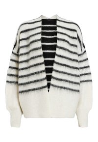 Gebreide cardigan met een witte basis en zwarte en grijze horizontale strepen, open voorkant en ribgebreide manchetten voor extra textuur.