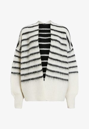 Cardigan lavorato a maglia caratterizzato da un corpo bianco con strisce orizzontali nere e grigie, apertura frontale e polsini a coste per una maggiore texture.