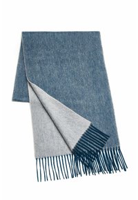 Wool blend scarf featuring a gradient of blue to gray, with a fringed edge. Soft texture and rectangular shape for warmth.