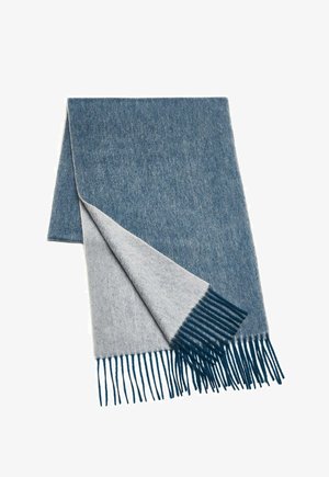 Wool blend scarf featuring a gradient of blue to gray, with a fringed edge. Soft texture and rectangular shape for warmth.