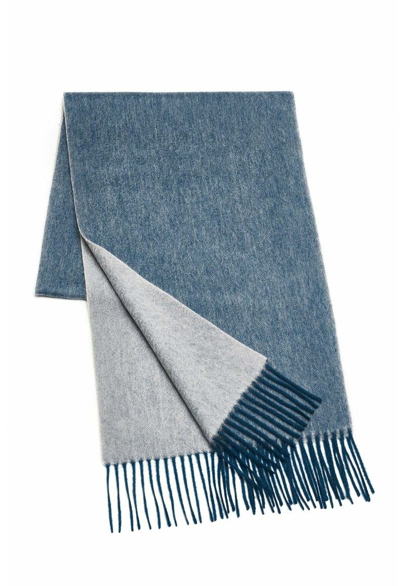 Wool blend scarf featuring a gradient of blue to gray, with a fringed edge. Soft texture and rectangular shape for warmth.