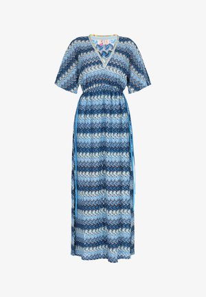 Maksikleit pehmest ja kergest kangast, millel on sinine laineline muster. V-kaelus, lühikesed varrukad, elastne talje ja sidumisrihmad.