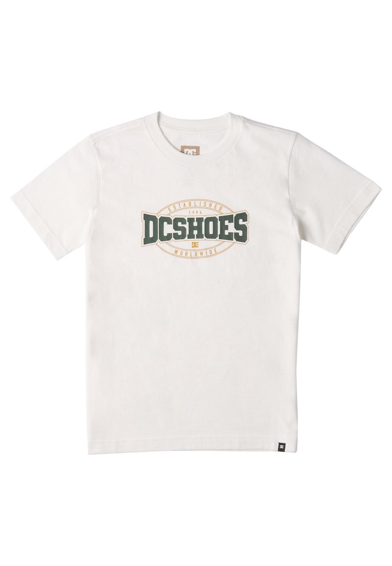 Biela bavlnená tričko s krátkym rukávom, na ktorom je v strede zeleno-oranžové logo DC Shoes, a malé logo na spodnej ľavej strane.