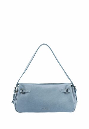 Sac à bandoulière en cuir bleu clair avec sangle ajustable, fermeture éclair et petites boucles métalliques sur les côtés avant.