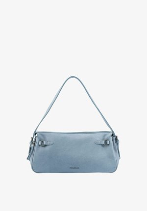 Sac à bandoulière en cuir bleu clair avec sangle ajustable, fermeture éclair et petites boucles métalliques sur les côtés avant.