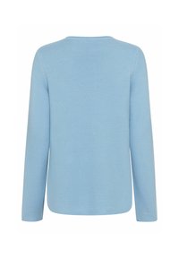 Hellblauer Pullover mit langen Ärmeln, Rundhalsausschnitt und strukturiertem Strickmuster. Nahtloser Rücken ohne sichtbare Hardware oder Akzente.