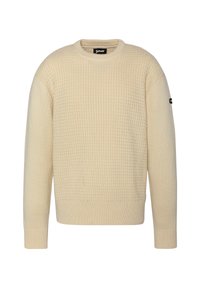 Sweter w kolorze kremowym, wykonany z dzianiny, o teksturowanym wzorze w wafle, z okrągłym dekoltem, długimi rękawami i ściągaczami. Naszywka z logo na lewym rękawie.