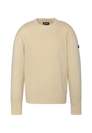 Pull en tricot couleur crème avec un motif gaufré texturé, col rond, manches longues et poignets côtelés. Étiquette avec logo sur la manche gauche.