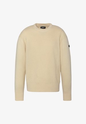Pull en tricot couleur crème avec un motif gaufré texturé, col rond, manches longues et poignets côtelés. Étiquette avec logo sur la manche gauche.