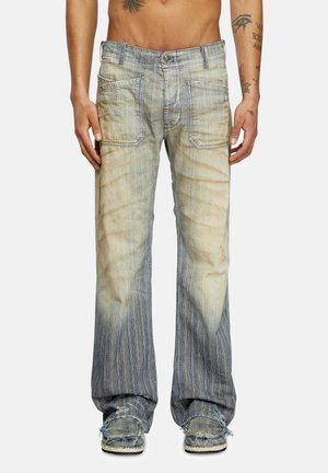 Distressed denim flared jeans featuring light blue coloration with vertical stripes, five pockets, and frayed hems.
