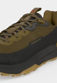 Κοντινή λήψη ενός αθλητικού παπουτσιού Timberland σε ελιάς πράσινο χρώμα με μαύρη σόλα, υφή υφάσματος, κορδόνια με σχέδια και επενδεδυμένο πέλμα αστραγάλου.