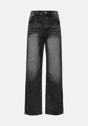 Džíny s širokými nohavicemi ve vybledlém černém denim. Obsahují přední kapsy, poutka na pásek a zapínání na knoflík. Ořezaná textura s mírnou variací praní.