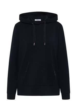 Sweat à capuche bleu marine foncé en tissu doux, avec une poche avant ornée de clous décoratifs, et des poignets et un ourlet côtelés.