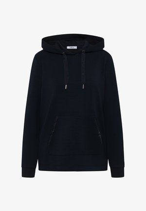 Mørkeblå hættetrøje lavet af blødt stof, med en forlommer pyntet med dekorative nitter samt ribbede ærmeafslutninger og kant.