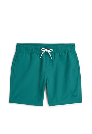 Turkooizen zwemshorts met elastische tailleband, witte trekkoord, zijzakken en een klein logo op het onderste deel van het rechterpijpje.