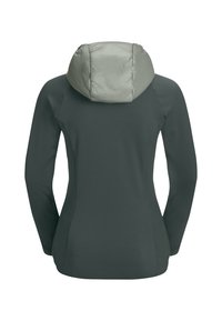 Giacca con cappuccio di colore grigio scuro con cappuccio trapuntato grigio chiaro. Maniche lunghe, design aderente, texture morbida e stile minimalista.
