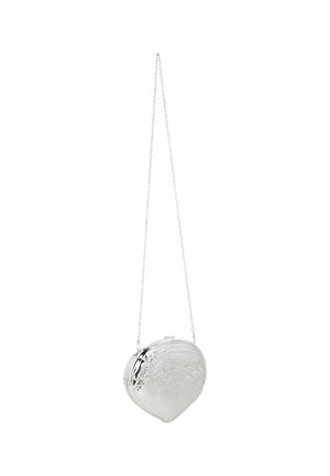 Silver metallic shell-shaped handbag with a long chain strap, textured surface, and clasp closure.