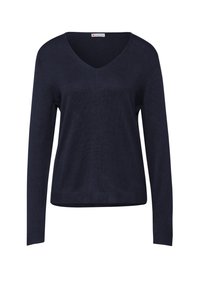 Marinblå V-ringad tröja med långa ärmar, tillverkad av mjukt stickat material. Har ribbad fåll och ärmslut för textur och passform.