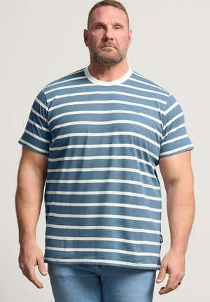 Mężczyzna z krótkimi włosami i brodą, ubrany w niebiesko-biały T-shirt w poziome paski i jasnoniebieskie jeansy, stojący na jednolitym tle.