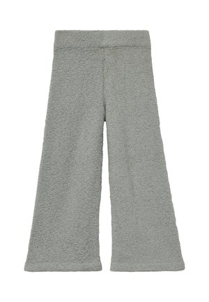 Graue, weit geschnittene Hosen aus strukturiertem, weichem Stoff. Sie verfügen über eine hohe Taille und gesäumte Kanten, die für Komfort und Bewegungsfreiheit sorgen.