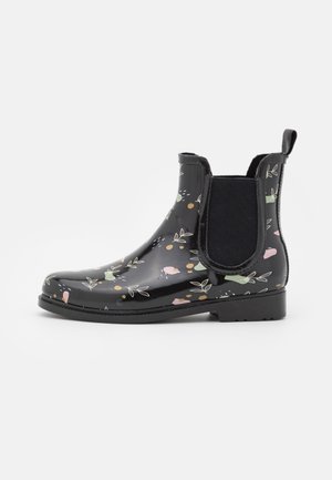 Botte de pluie noire brillante à la cheville avec panneaux latéraux élastiques et motifs multicolores petits fleuris et feuillus.