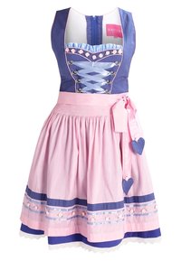 Robe traditionnelle dirndl avec un corsage bleu, un laçage en ruban bleu clair, un tablier rose, des détails en forme de cœur et une bordure décorative sur la jupe et le tablier.
