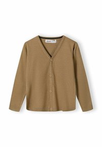 Braune gestrickte Strickjacke mit V-Ausschnitt, langen Ärmeln und fünf Knöpfen auf der Vorderseite. Weiche Textur und lässiges Design.