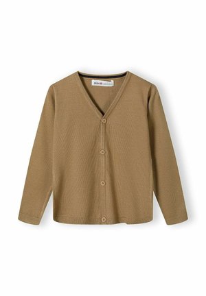 Cardigan en tricot marron avec un col en V, des manches longues et cinq boutons sur le devant. Texture douce et design décontracté.
