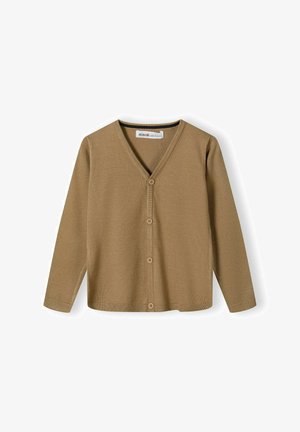 Hnedý pletený kardigán s výstrihom do V, dlhými rukávmi a piatimi gombíkmi na prednej strane. Mäkká textúra a ležérny dizajn.