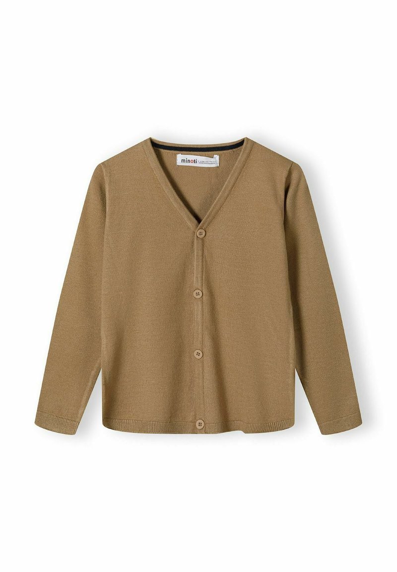 Braune gestrickte Strickjacke mit V-Ausschnitt, langen Ärmeln und fünf Knöpfen auf der Vorderseite. Weiche Textur und lässiges Design.