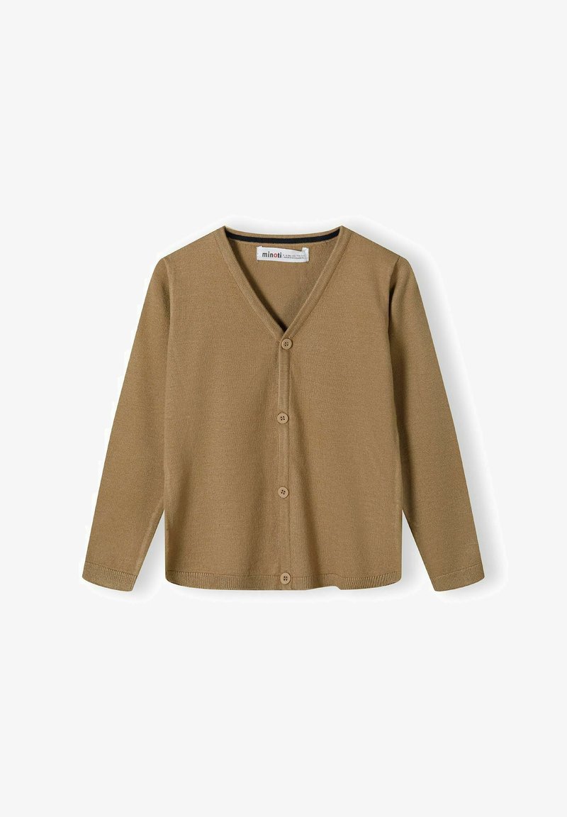 Hnedý pletený kardigán s výstrihom do V, dlhými rukávmi a piatimi gombíkmi na prednej strane. Mäkká textúra a ležérny dizajn.