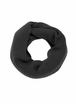 Écharpe infinie noire en tricot avec texture côtelée, disposée en boucle circulaire sur un fond blanc.