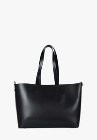 Borsa tote nera in pelle con due manici lunghi, una forma strutturata e una texture liscia. Presenta cuciture minimaliste e un design con apertura superiore.