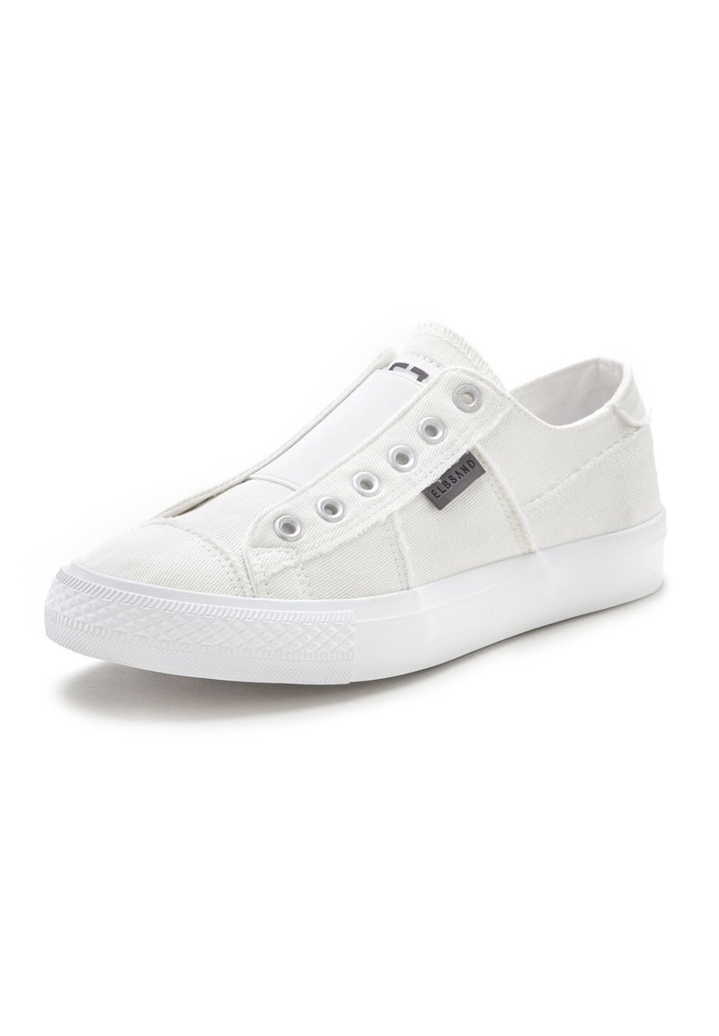 Sneaker aus Leinen in Weiß mit glatter Textur, elastischem Band, metallischen Ösen und Gummisohle mit Fischgrätmuster.