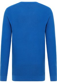 Blauer gestrickter Pullover mit langen Ärmeln. Die Textur ist gerippt und verf ügt über einen runden Halsauschnitt sowie eine einheitliche Farbe ohne Muster oder Akzente.