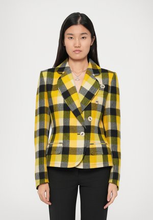 Yellow and black checked blazer with a tailored fit, two front pockets, and three buttons on the front, made of textured fabric.