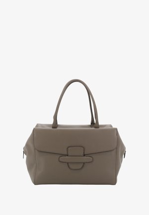 Taupe leather handbag with dual handles, structured shape, minimalistic flap closure, and stitched detailing on the front.