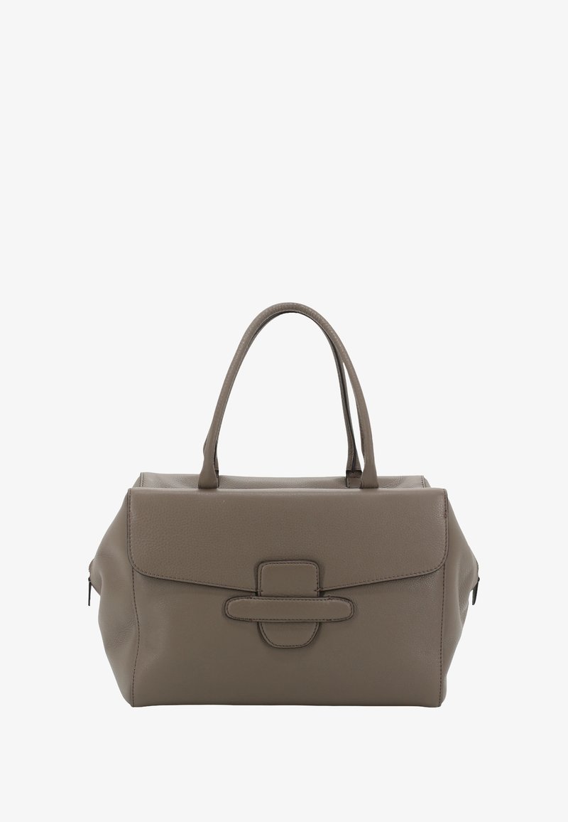 Taupe leather handbag with dual handles, structured shape, minimalistic flap closure, and stitched detailing on the front.