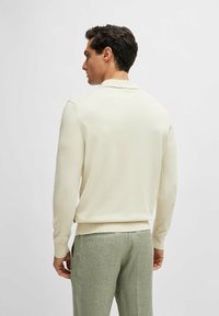 Cream knit pullover with a collar, long sleeves, and ribbed cuffs. Paired with light green textured trousers, viewed from the back.