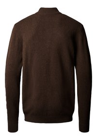 Brauner Strickpullover mit hohem Kragen, langen Ärmeln und strukturiertem Finish. Schlichtes Design mit geripptem Saum und Bündchen.